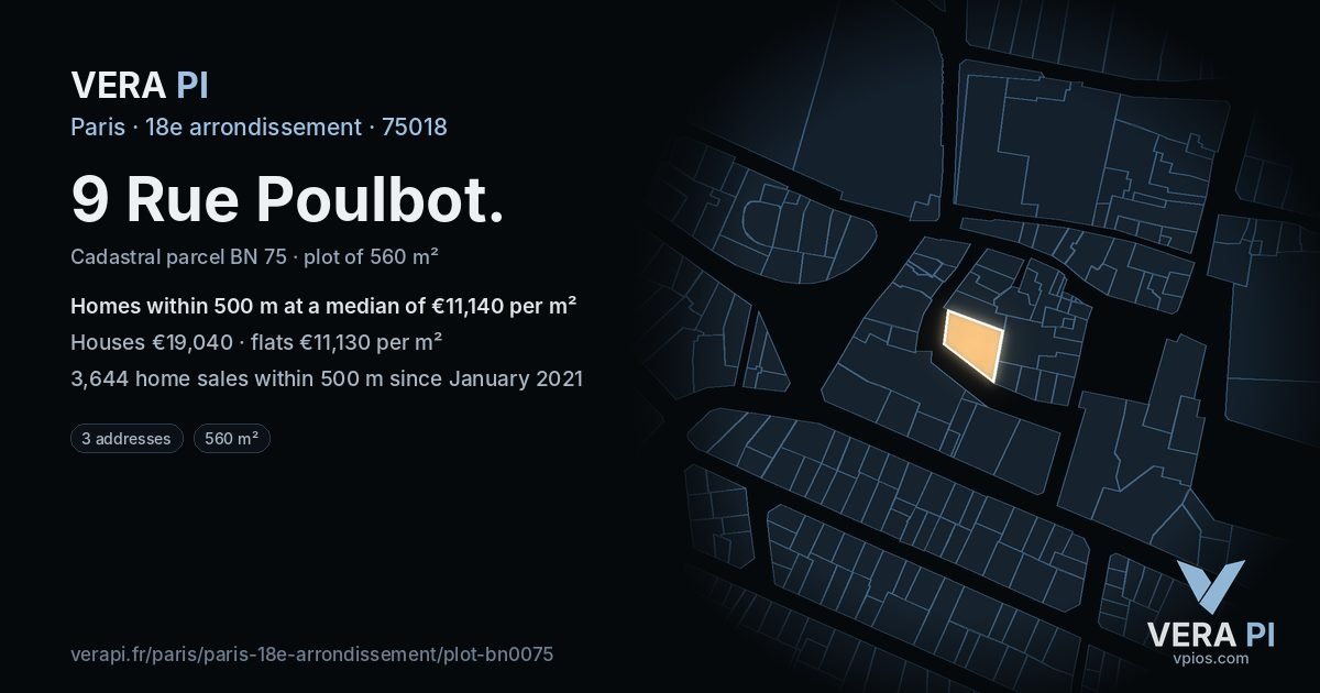 9 Rue Poulbot, 18e arrondissement at night – the plot lit, the parcels around coloured by the prices near them