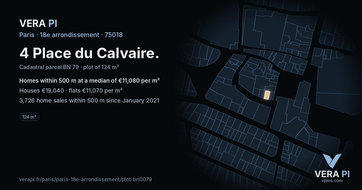 4 Place du Calvaire, 18e arrondissement at night – the plot lit, the parcels around coloured by the prices near them
