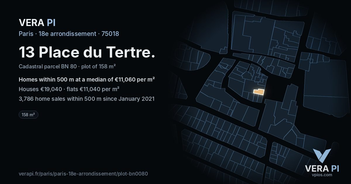 13 Place du Tertre, 18e arrondissement at night – the plot lit, the parcels around coloured by the prices near them