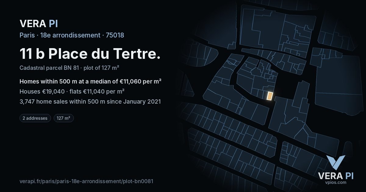 11 b Place du Tertre, 18e arrondissement at night – the plot lit, the parcels around coloured by the prices near them