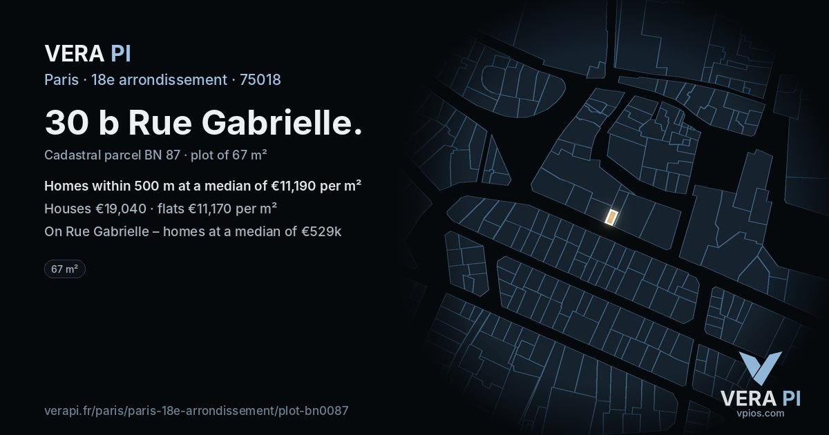 30 b Rue Gabrielle, 18e arrondissement at night – the plot lit, the parcels around coloured by the prices near them