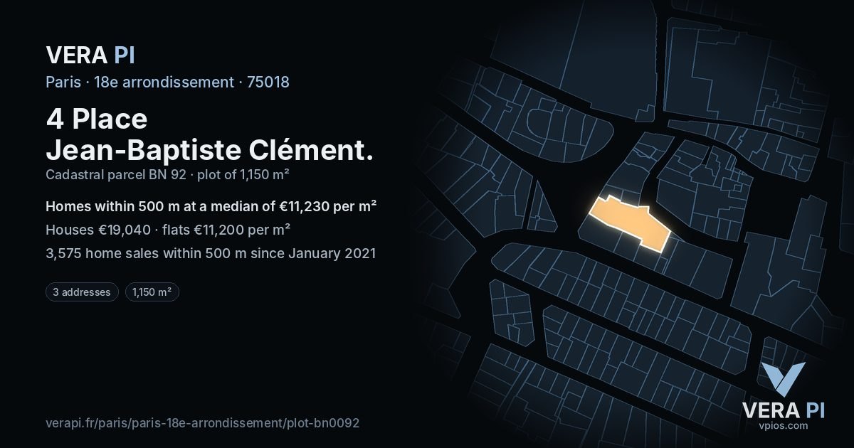 4 Place Jean-Baptiste Clément, 18e arrondissement at night – the plot lit, the parcels around coloured by the prices near them