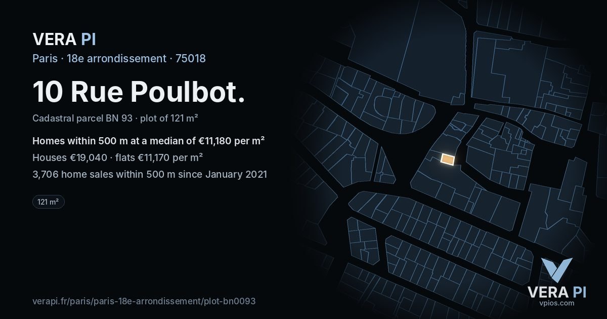 10 Rue Poulbot, 18e arrondissement at night – the plot lit, the parcels around coloured by the prices near them