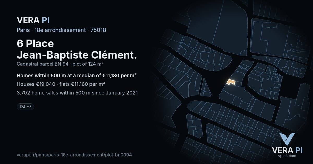 6 Place Jean-Baptiste Clément, 18e arrondissement at night – the plot lit, the parcels around coloured by the prices near them
