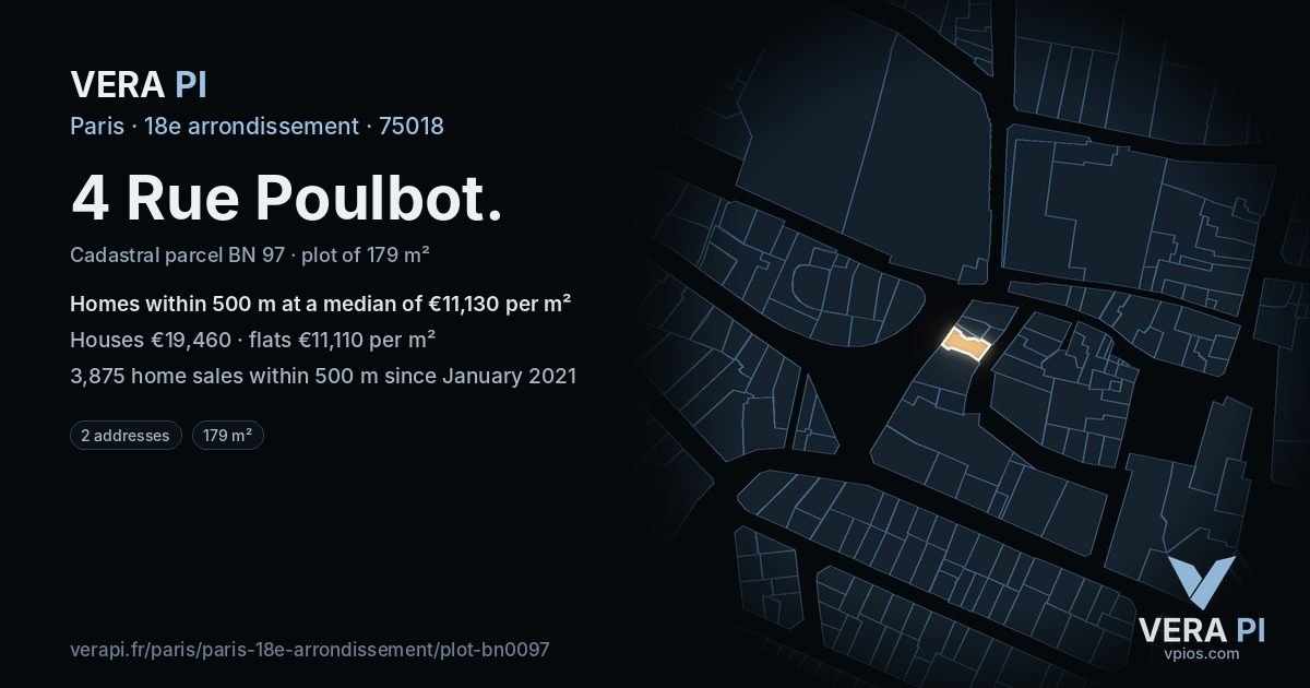 4 Rue Poulbot, 18e arrondissement at night – the plot lit, the parcels around coloured by the prices near them