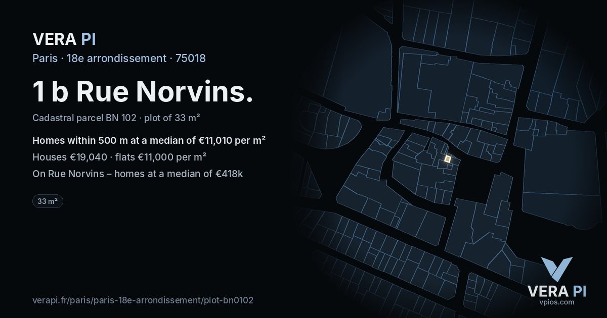 1 b Rue Norvins, 18e arrondissement at night – the plot lit, the parcels around coloured by the prices near them