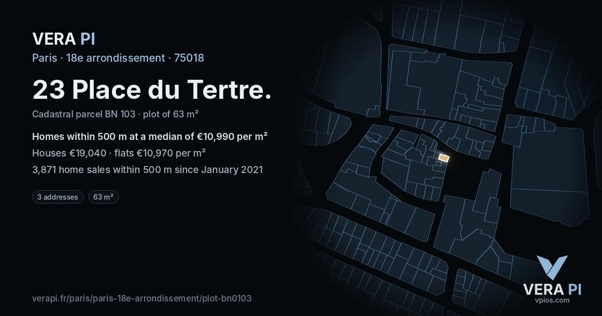 23 Place du Tertre, 18e arrondissement at night – the plot lit, the parcels around coloured by the prices near them
