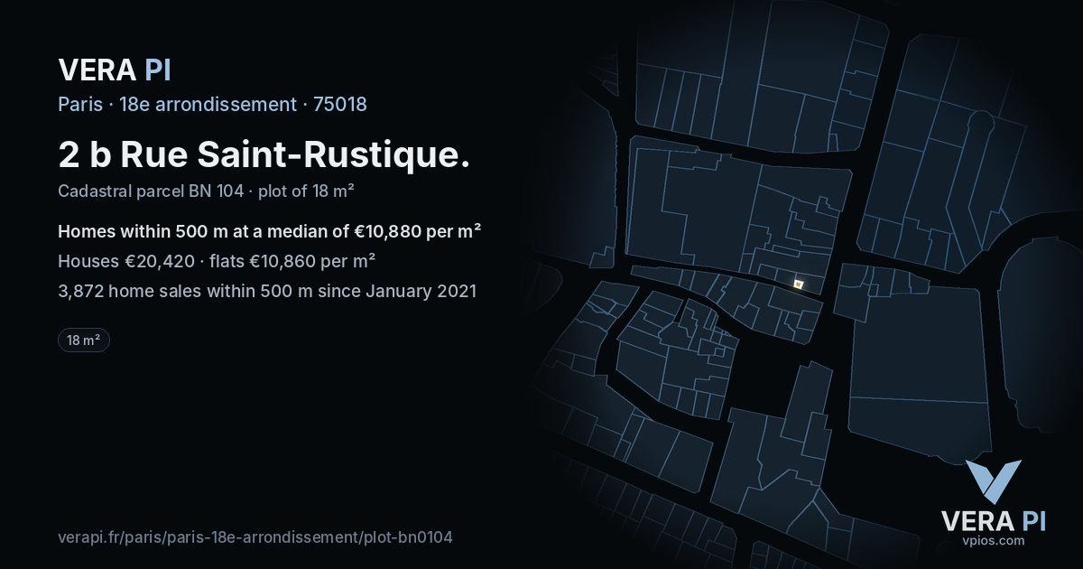 2 b Rue Saint-Rustique, 18e arrondissement at night – the plot lit, the parcels around coloured by the prices near them