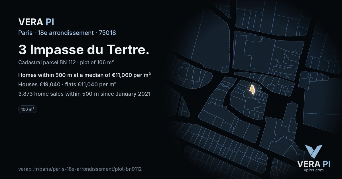 3 Impasse du Tertre, 18e arrondissement at night – the plot lit, the parcels around coloured by the prices near them
