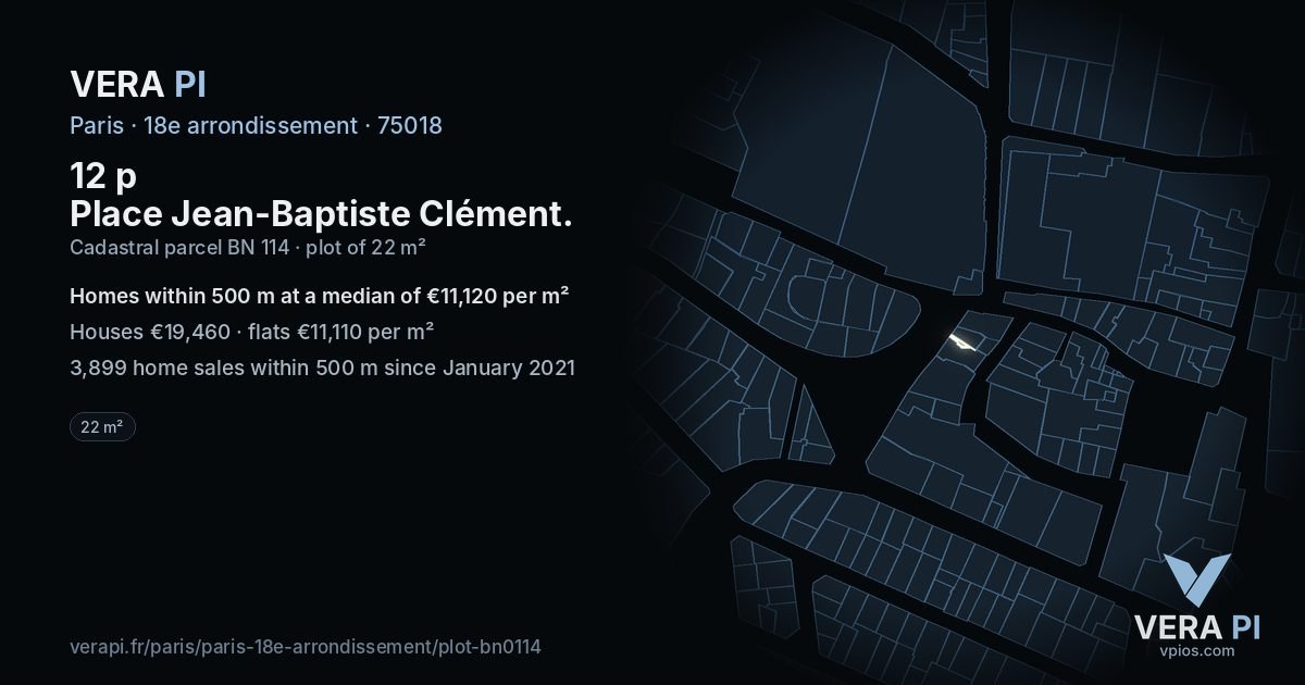 12 p Place Jean-Baptiste Clément, 18e arrondissement at night – the plot lit, the parcels around coloured by the prices near them