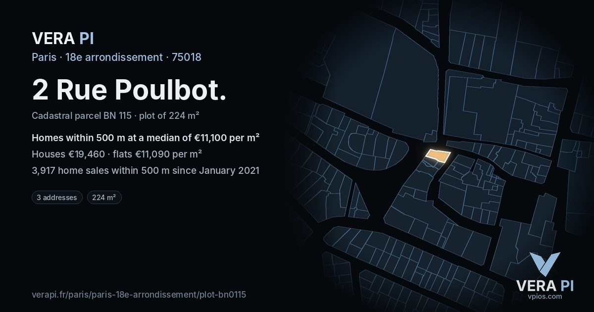 2 Rue Poulbot, 18e arrondissement at night – the plot lit, the parcels around coloured by the prices near them