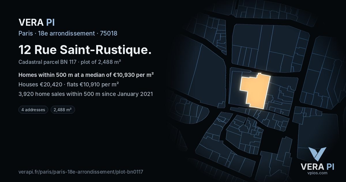 12 Rue Saint-Rustique, 18e arrondissement at night – the plot lit, the parcels around coloured by the prices near them