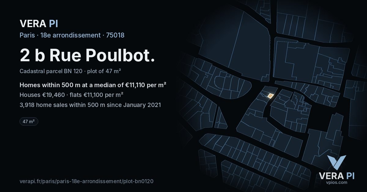 2 b Rue Poulbot, 18e arrondissement at night – the plot lit, the parcels around coloured by the prices near them