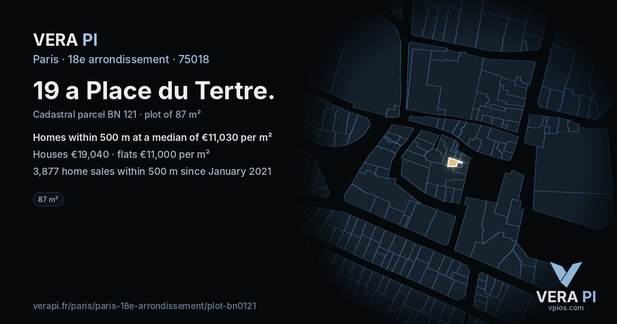 19 a Place du Tertre, 18e arrondissement at night – the plot lit, the parcels around coloured by the prices near them