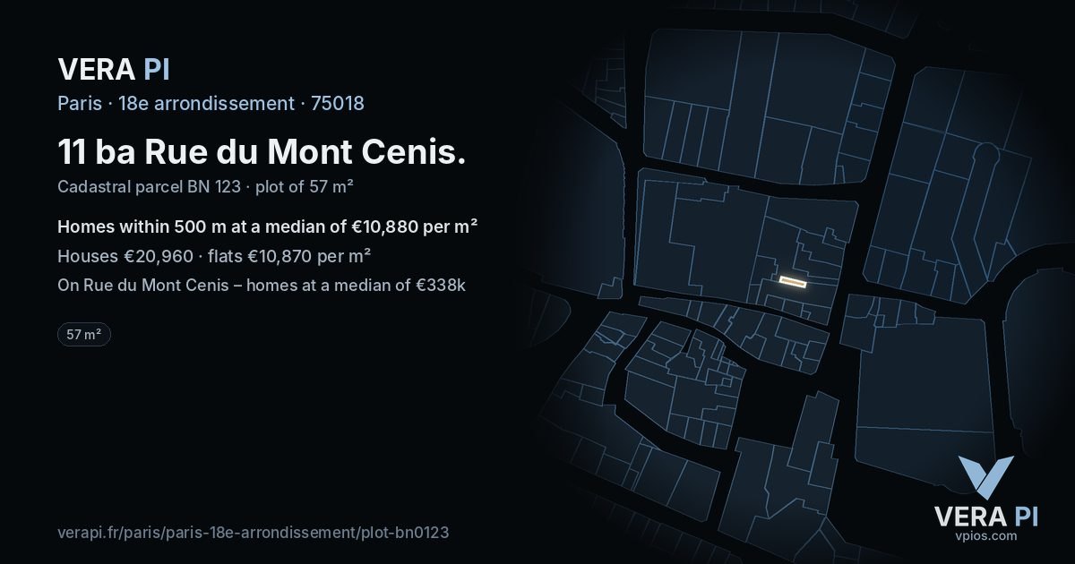 11 ba Rue du Mont Cenis, 18e arrondissement at night – the plot lit, the parcels around coloured by the prices near them