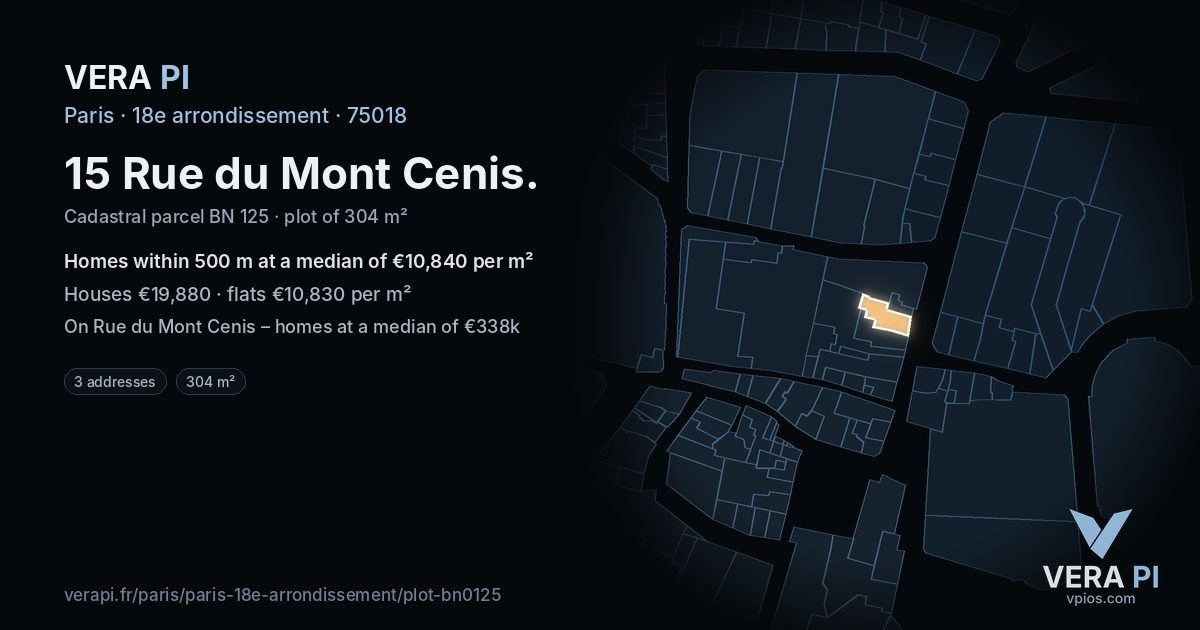15 Rue du Mont Cenis, 18e arrondissement at night – the plot lit, the parcels around coloured by the prices near them
