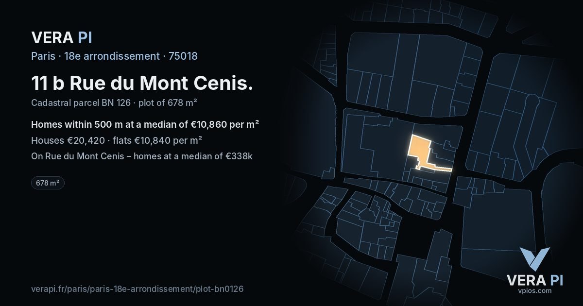 11 b Rue du Mont Cenis, 18e arrondissement at night – the plot lit, the parcels around coloured by the prices near them