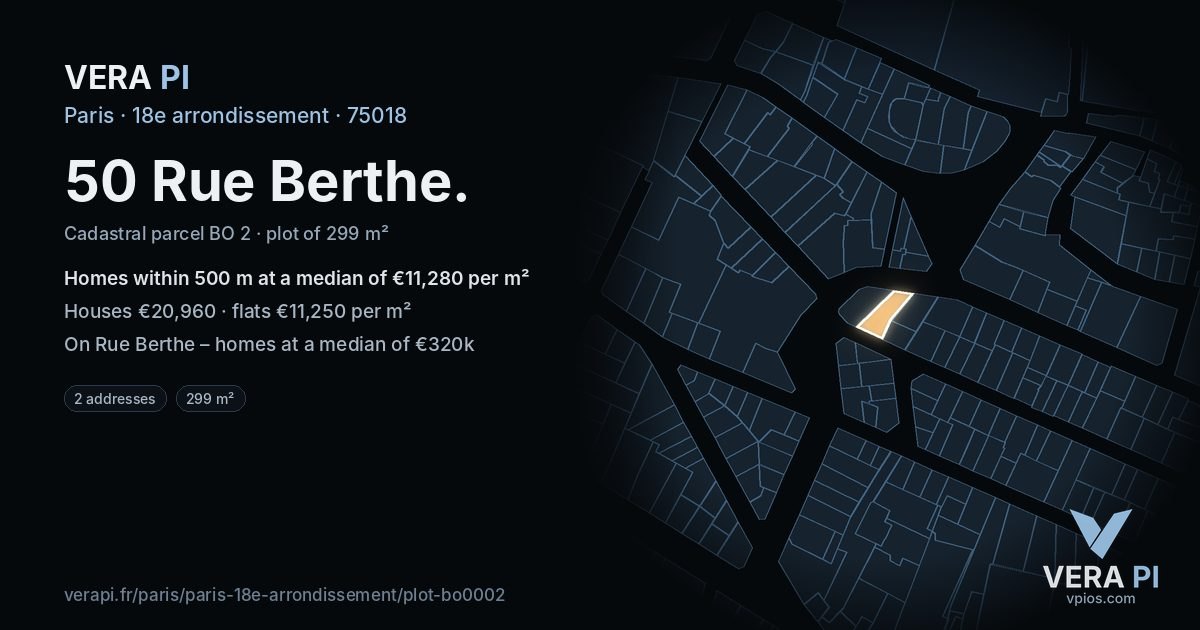 50 Rue Berthe, 18e arrondissement at night – the plot lit, the parcels around coloured by the prices near them