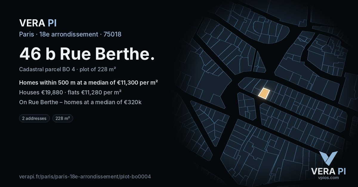 46 b Rue Berthe, 18e arrondissement at night – the plot lit, the parcels around coloured by the prices near them