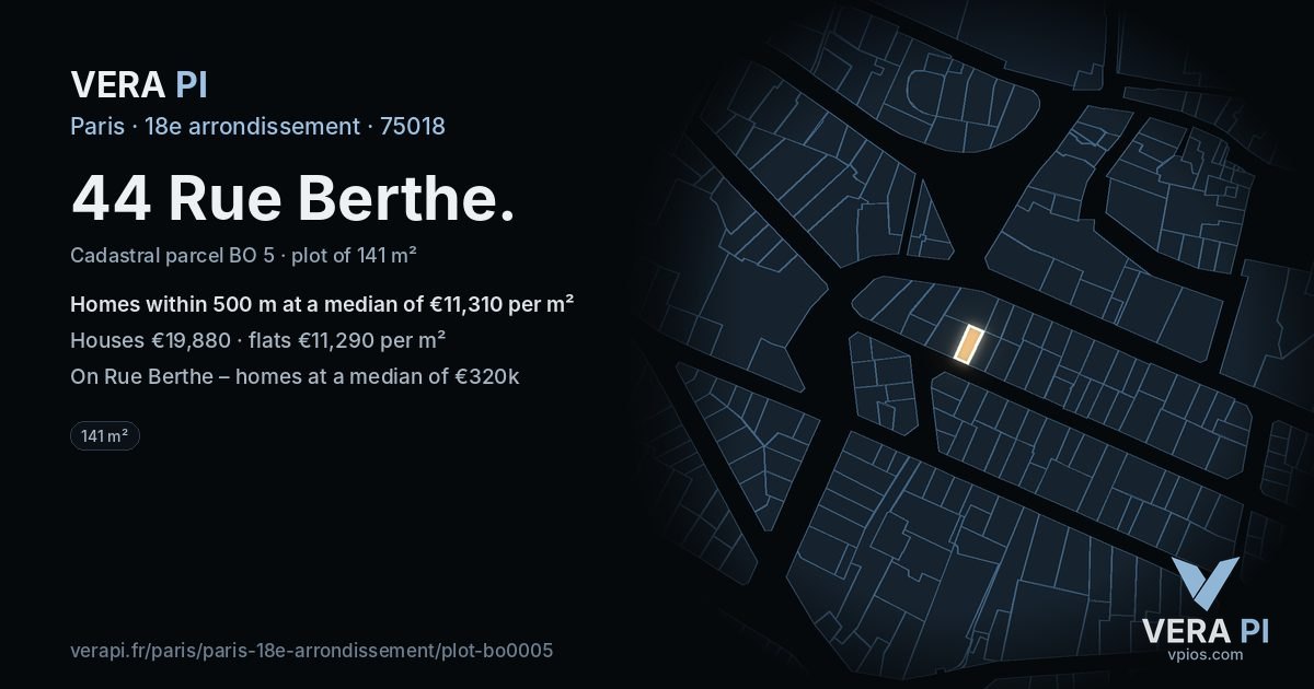 44 Rue Berthe, 18e arrondissement at night – the plot lit, the parcels around coloured by the prices near them