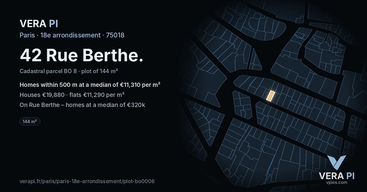 42 Rue Berthe, 18e arrondissement at night – the plot lit, the parcels around coloured by the prices near them