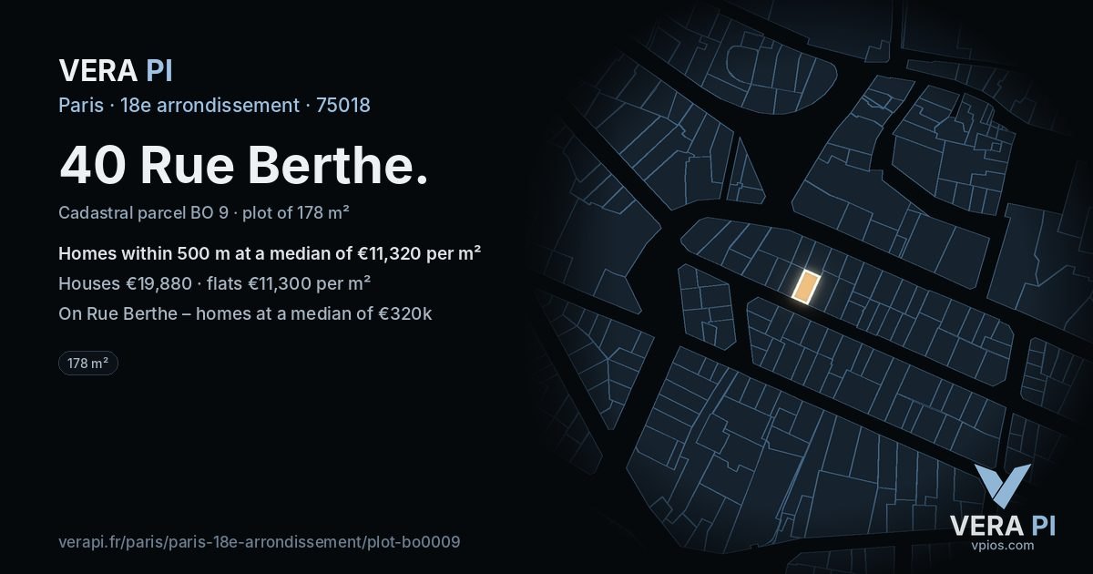 40 Rue Berthe, 18e arrondissement at night – the plot lit, the parcels around coloured by the prices near them