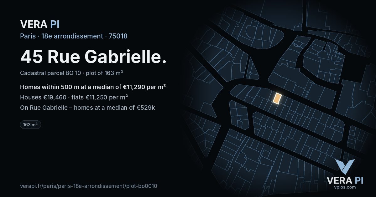 45 Rue Gabrielle, 18e arrondissement at night – the plot lit, the parcels around coloured by the prices near them