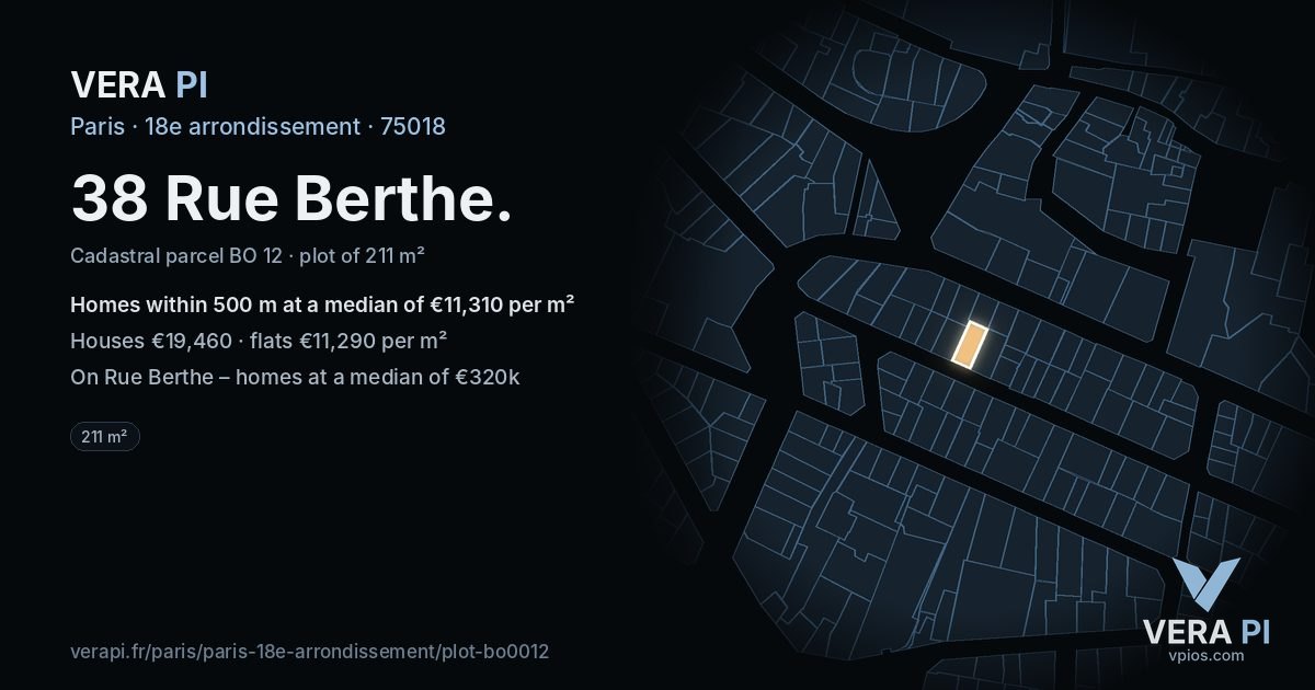 38 Rue Berthe, 18e arrondissement at night – the plot lit, the parcels around coloured by the prices near them