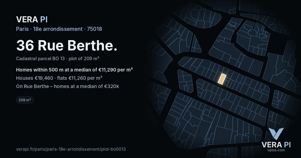 36 Rue Berthe, 18e arrondissement at night – the plot lit, the parcels around coloured by the prices near them