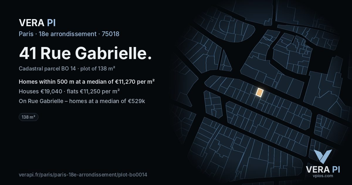 41 Rue Gabrielle, 18e arrondissement at night – the plot lit, the parcels around coloured by the prices near them