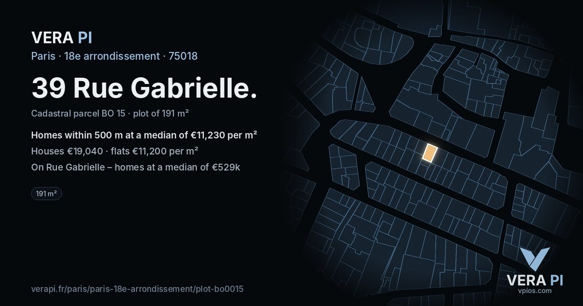 39 Rue Gabrielle, 18e arrondissement at night – the plot lit, the parcels around coloured by the prices near them