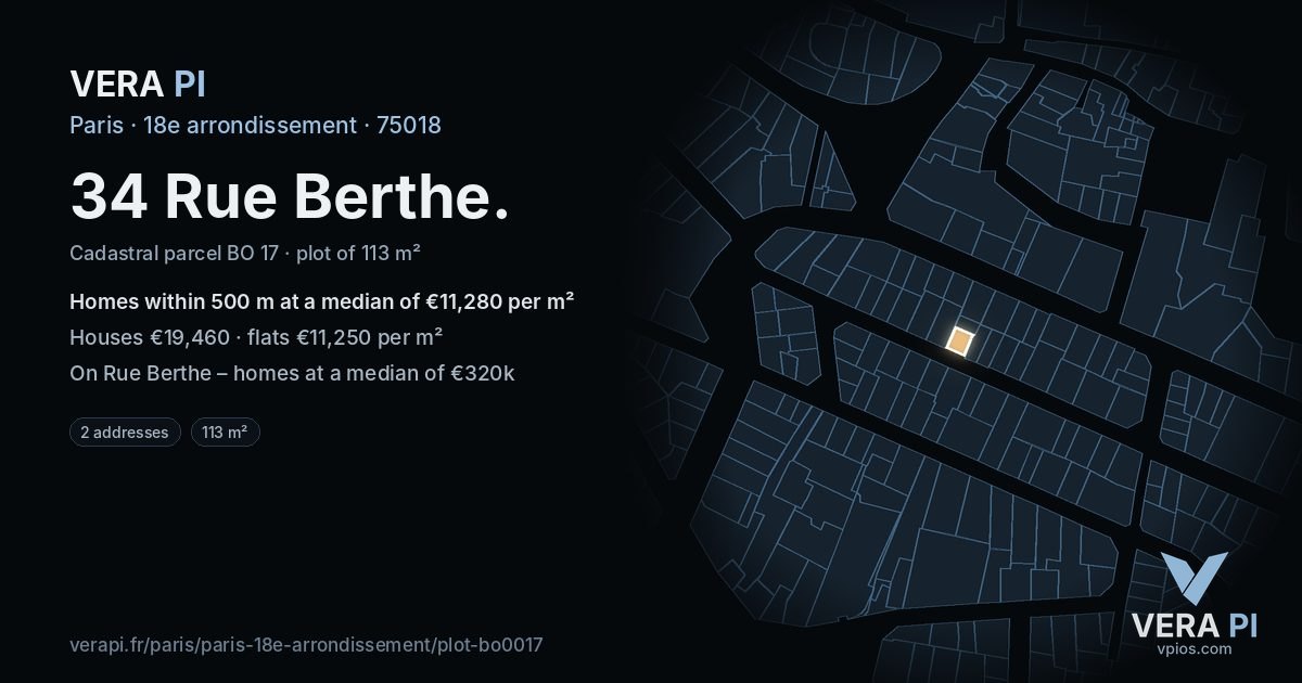 34 Rue Berthe, 18e arrondissement at night – the plot lit, the parcels around coloured by the prices near them
