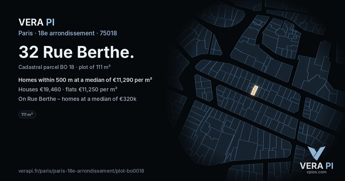 32 Rue Berthe, 18e arrondissement at night – the plot lit, the parcels around coloured by the prices near them