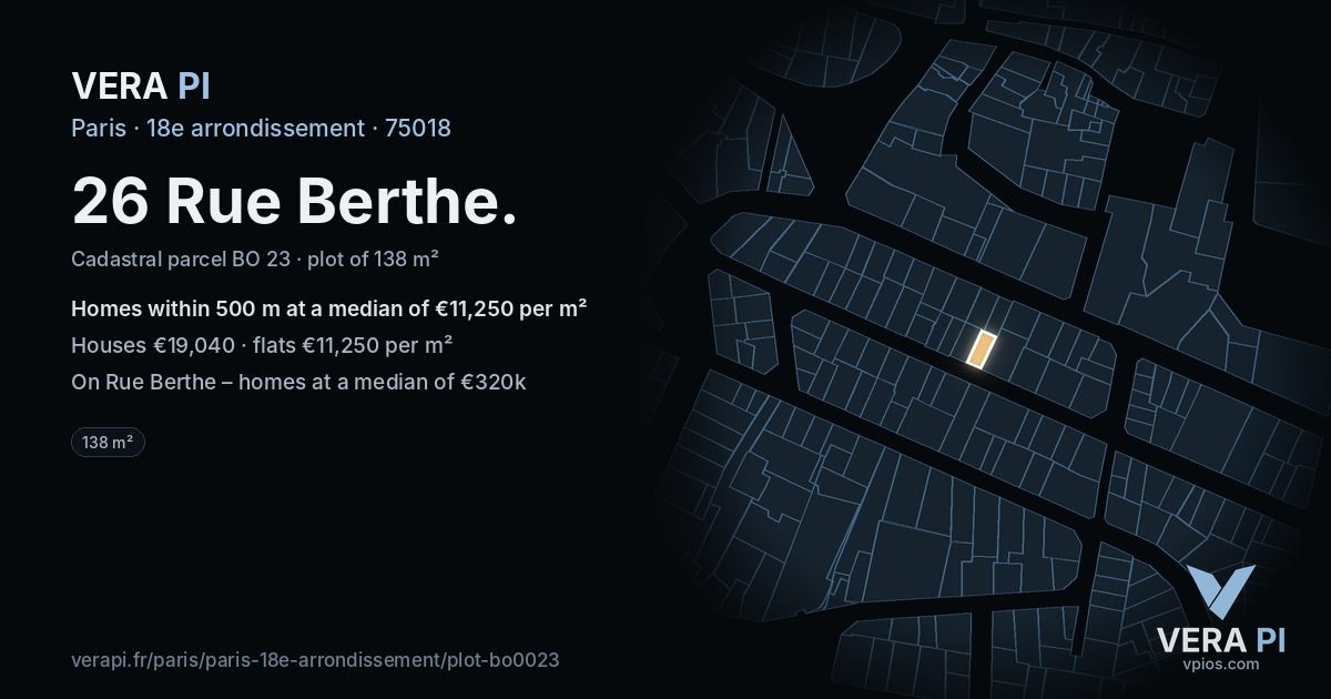 26 Rue Berthe, 18e arrondissement at night – the plot lit, the parcels around coloured by the prices near them