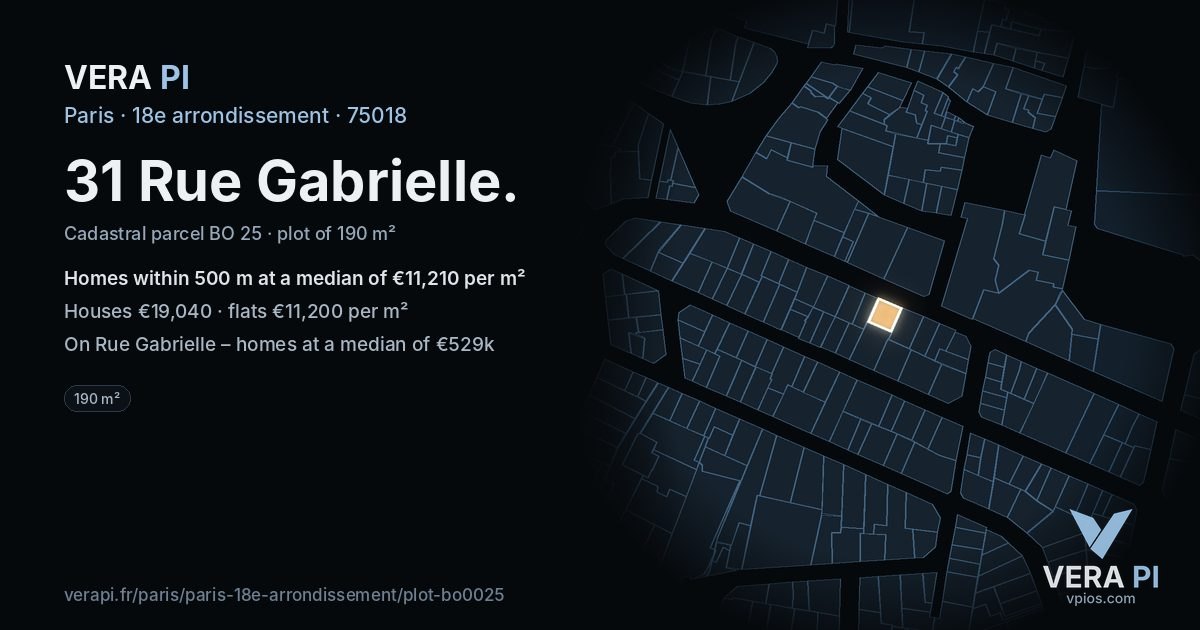 31 Rue Gabrielle, 18e arrondissement at night – the plot lit, the parcels around coloured by the prices near them