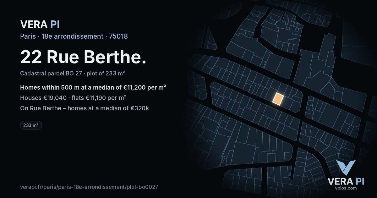 22 Rue Berthe, 18e arrondissement at night – the plot lit, the parcels around coloured by the prices near them