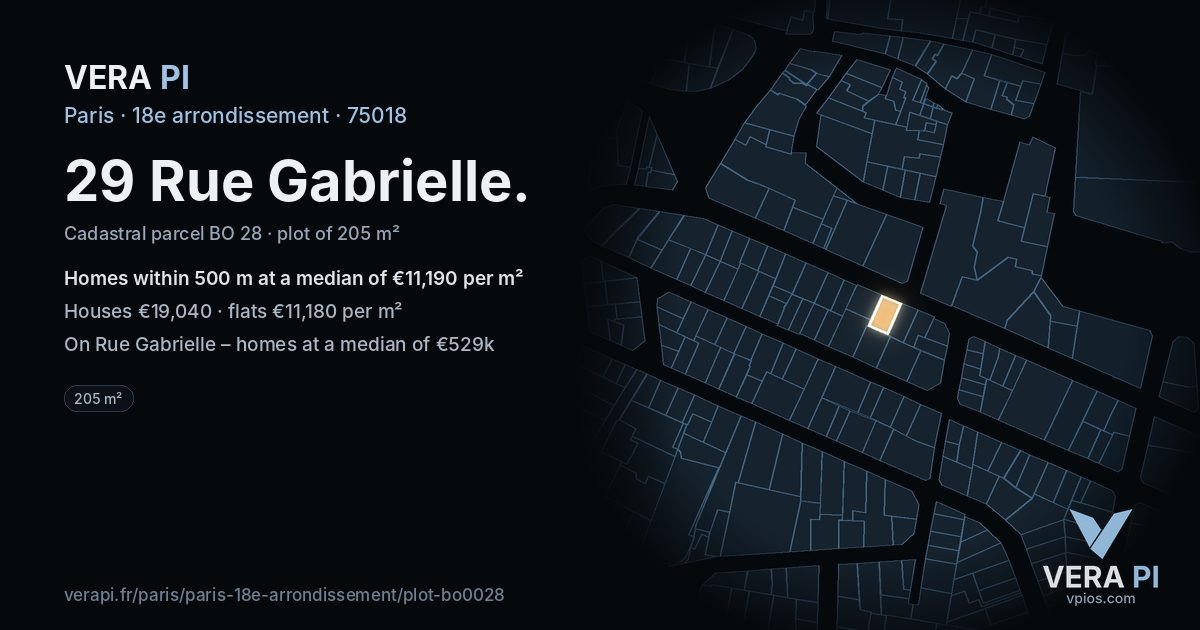 29 Rue Gabrielle, 18e arrondissement at night – the plot lit, the parcels around coloured by the prices near them