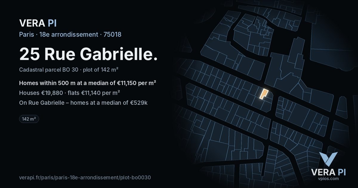 25 Rue Gabrielle, 18e arrondissement at night – the plot lit, the parcels around coloured by the prices near them