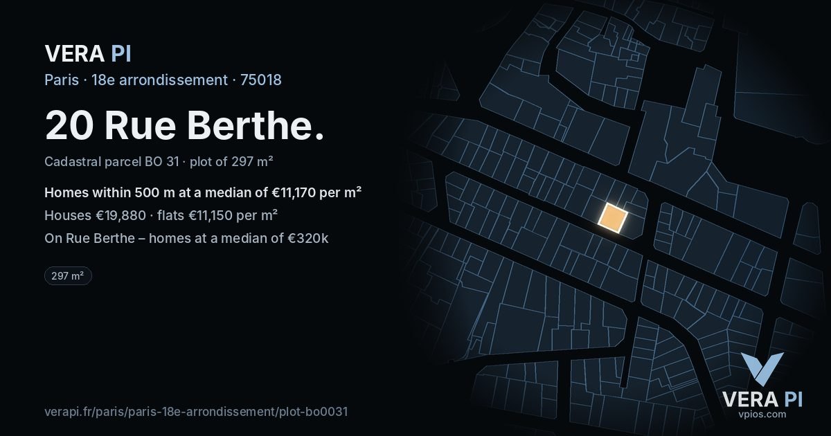 20 Rue Berthe, 18e arrondissement at night – the plot lit, the parcels around coloured by the prices near them