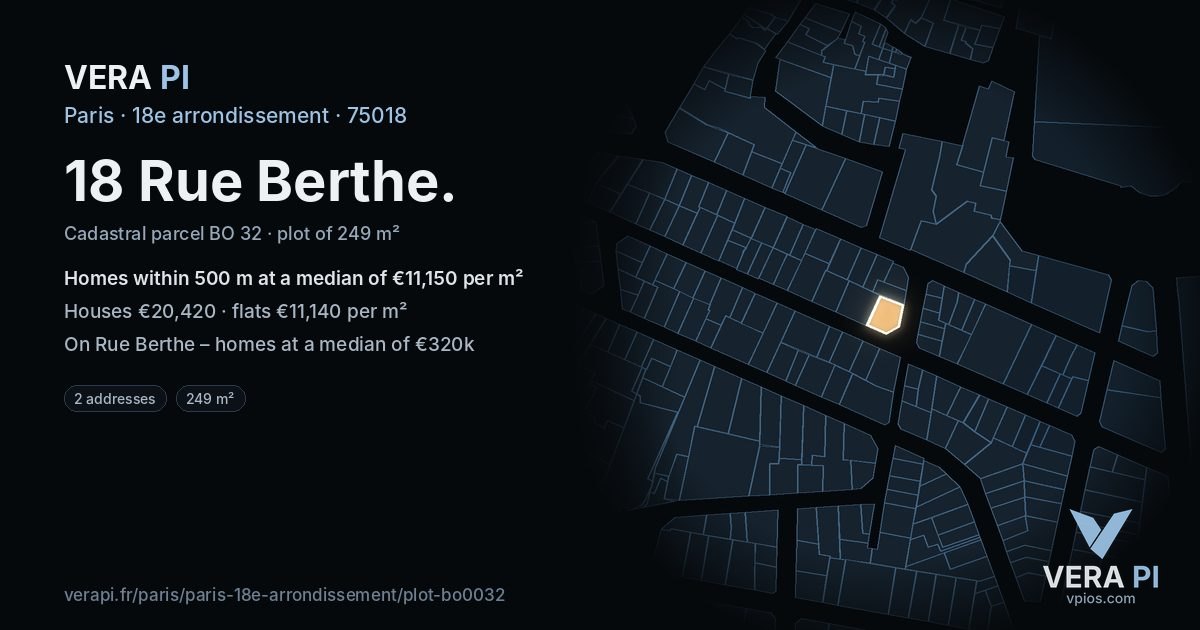 18 Rue Berthe, 18e arrondissement at night – the plot lit, the parcels around coloured by the prices near them