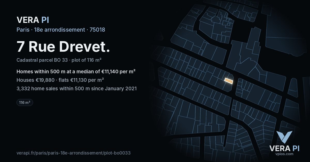 7 Rue Drevet, 18e arrondissement at night – the plot lit, the parcels around coloured by the prices near them