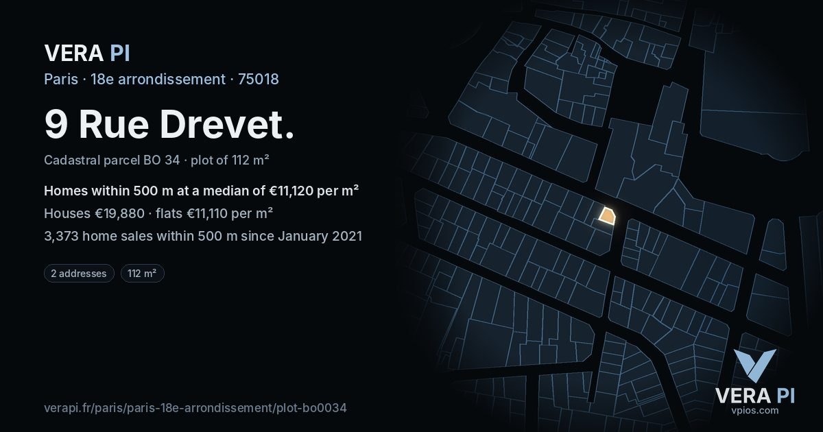 9 Rue Drevet, 18e arrondissement at night – the plot lit, the parcels around coloured by the prices near them
