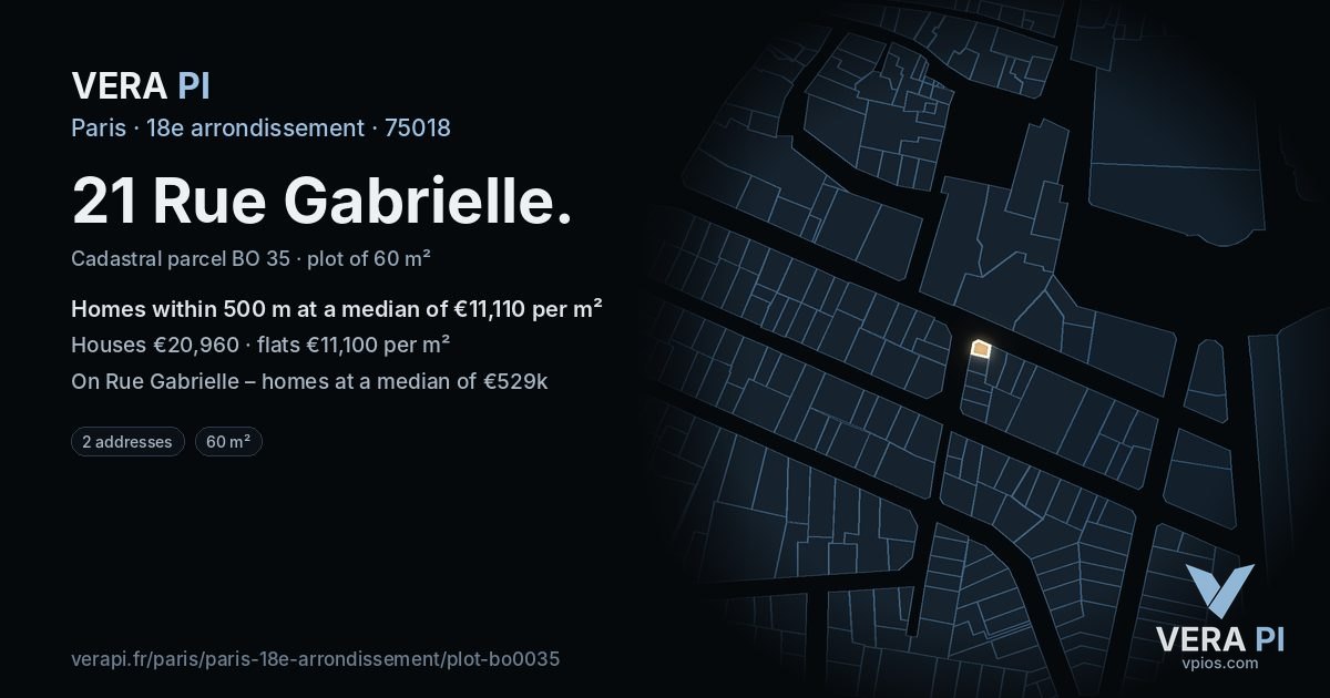 21 Rue Gabrielle, 18e arrondissement at night – the plot lit, the parcels around coloured by the prices near them