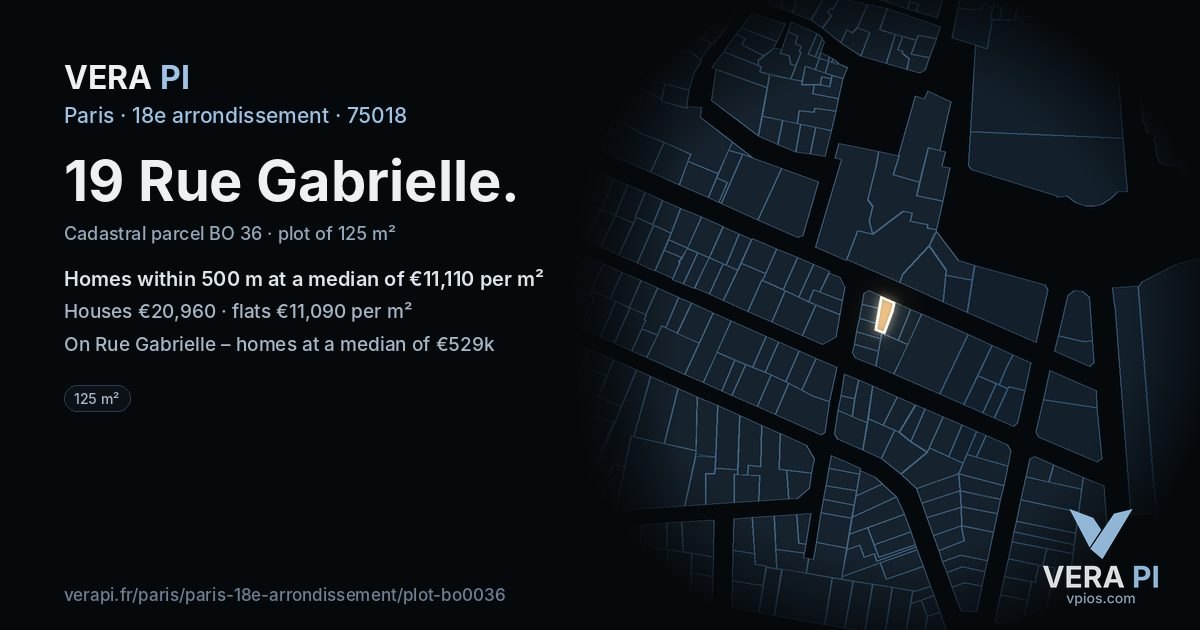 19 Rue Gabrielle, 18e arrondissement at night – the plot lit, the parcels around coloured by the prices near them