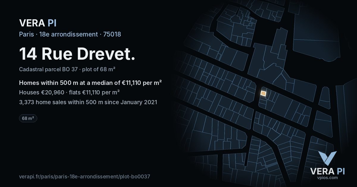 14 Rue Drevet, 18e arrondissement at night – the plot lit, the parcels around coloured by the prices near them