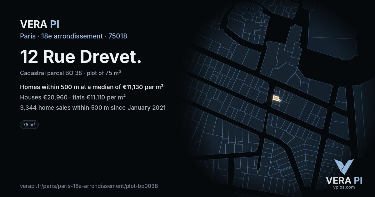 12 Rue Drevet, 18e arrondissement at night – the plot lit, the parcels around coloured by the prices near them