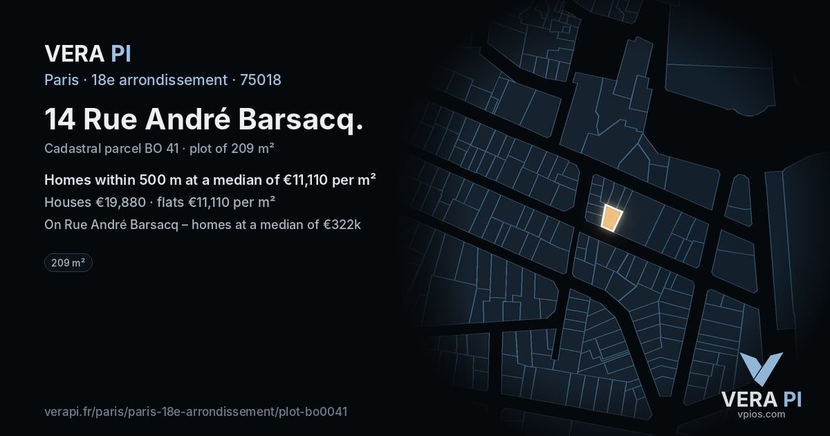 14 Rue André Barsacq, 18e arrondissement at night – the plot lit, the parcels around coloured by the prices near them