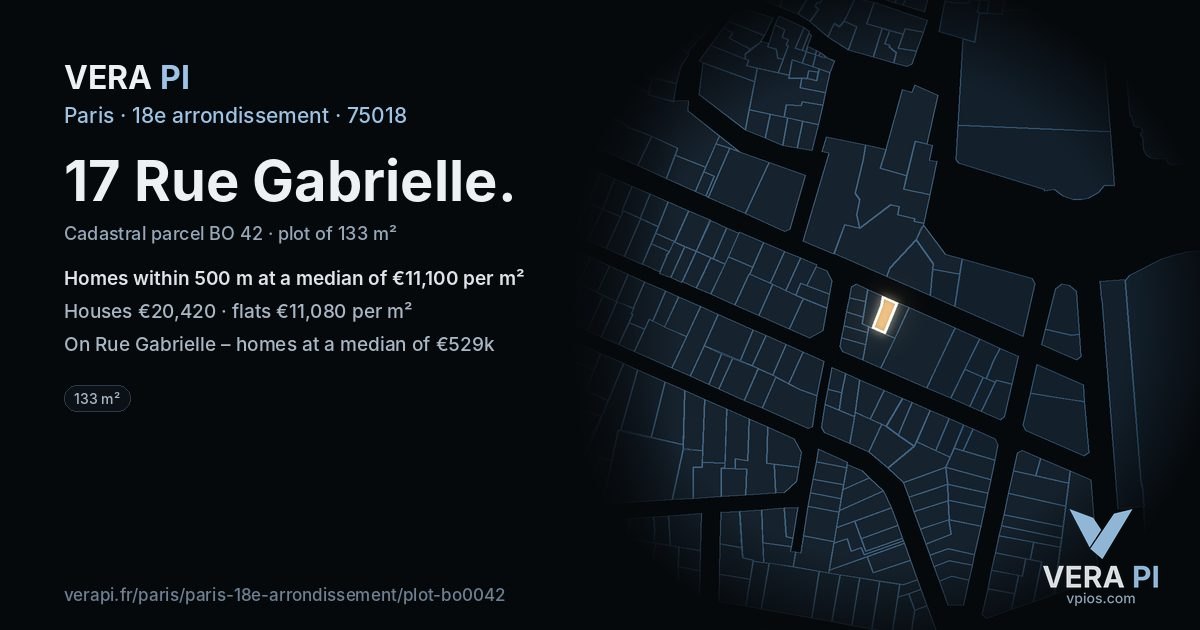 17 Rue Gabrielle, 18e arrondissement at night – the plot lit, the parcels around coloured by the prices near them