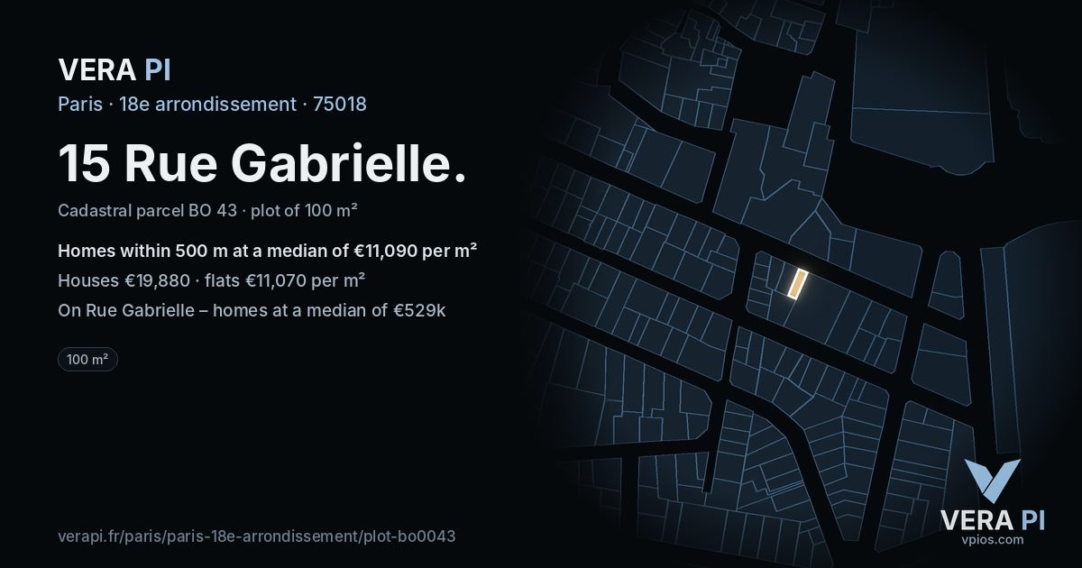 15 Rue Gabrielle, 18e arrondissement at night – the plot lit, the parcels around coloured by the prices near them
