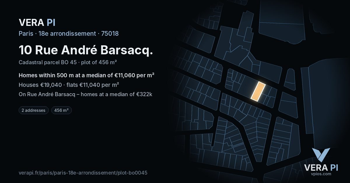 10 Rue André Barsacq, 18e arrondissement at night – the plot lit, the parcels around coloured by the prices near them